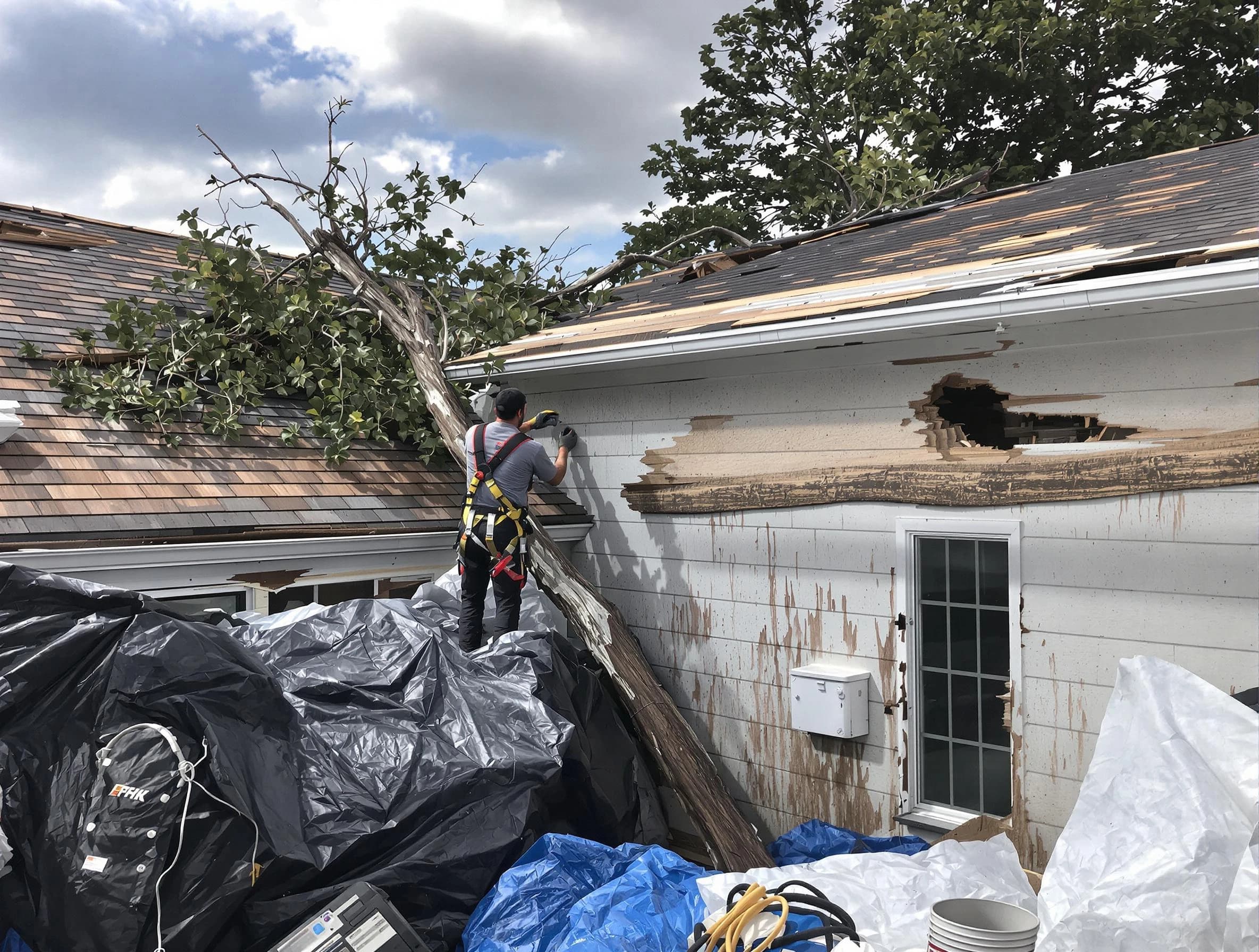 Kent Roofing Company technicians handling urgent roof damage in Kent, OH