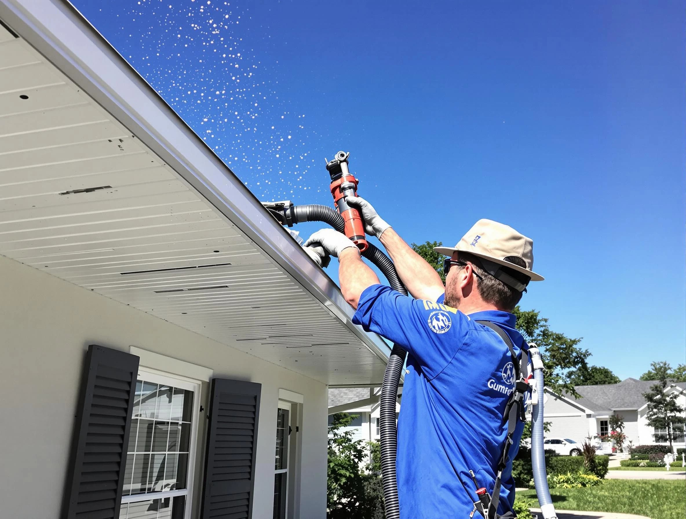 Technician completing a gutter cleaning project by Kent Roofing Company in Kent, OH