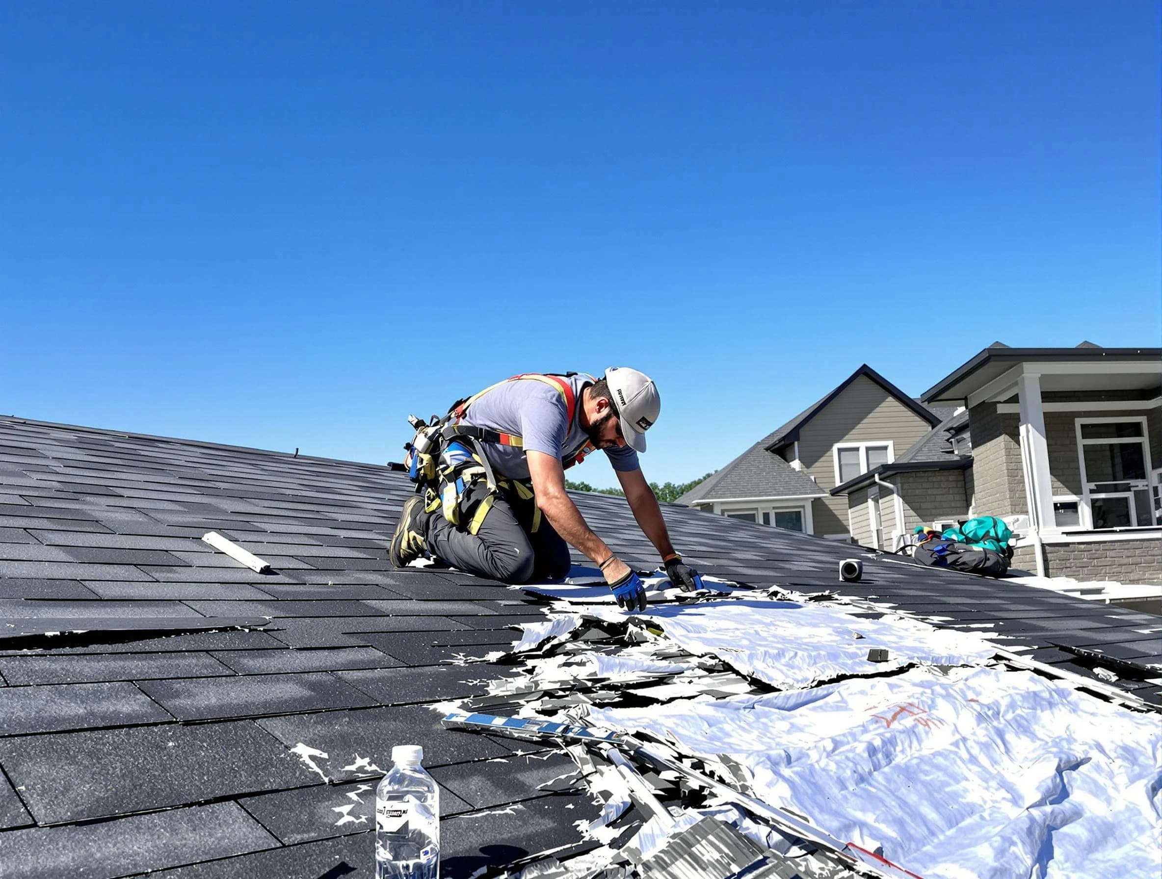 Kent Roofing Company repairing a roof section in Kent, OH