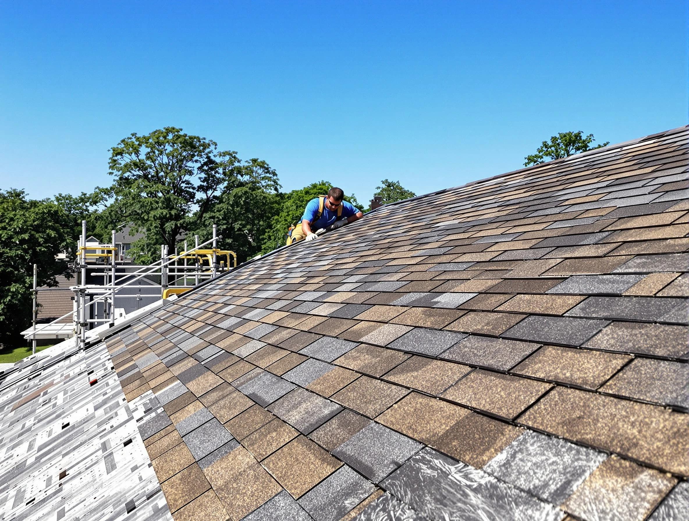 Close-up of new shingles installed by Kent Roofing Company in Kent, OH